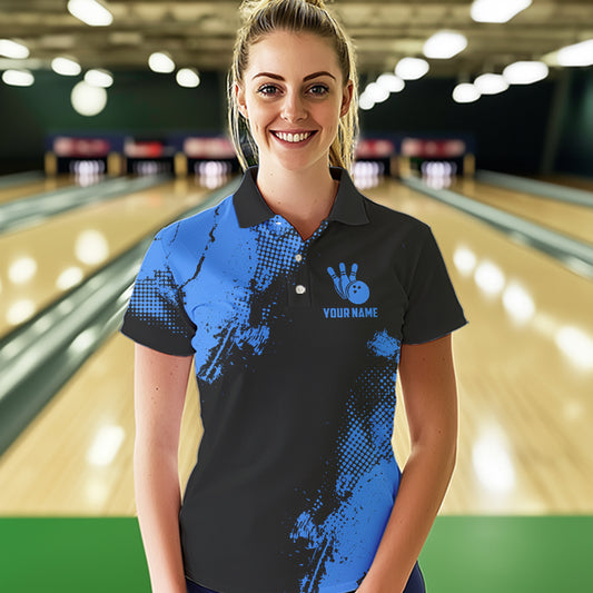 Black and Blue Retro Women Bowling Polo, Quarter Zip shirts Custom team bowling jerseys ladies outfit NQS9393