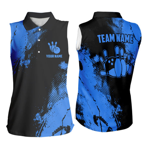 Black and Blue Retro Women sleeveless polo shirts Custom team bowling jerseys, ladies bowling outfit NQS9393