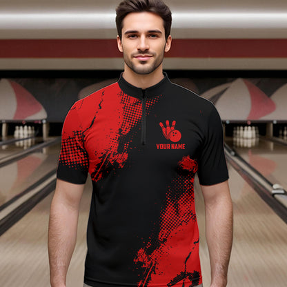 Black and Red Retro Mens Bowling Polo, Quarter Zip shirts Custom team bowling jerseys mens outfit NQS9394