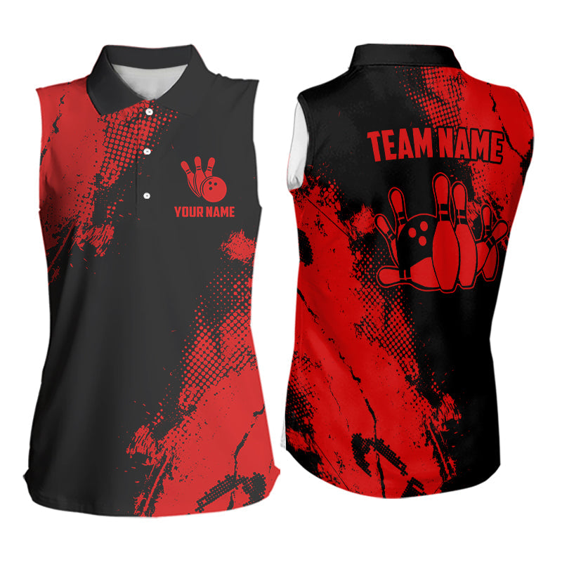 Black and Red Retro Women sleeveless polo shirts Custom team bowling jerseys, ladies bowling outfit NQS9394