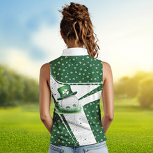 Load image into Gallery viewer, Green and White clover pattern Women sleeveless polo shirt Customize St Patrick Day ladies golf attire NQS9396