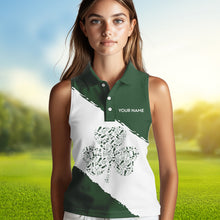 Load image into Gallery viewer, Green and White shamrock Women sleeveless polo shirt Custom name St Patrick Day golf apparel for women NQS9397