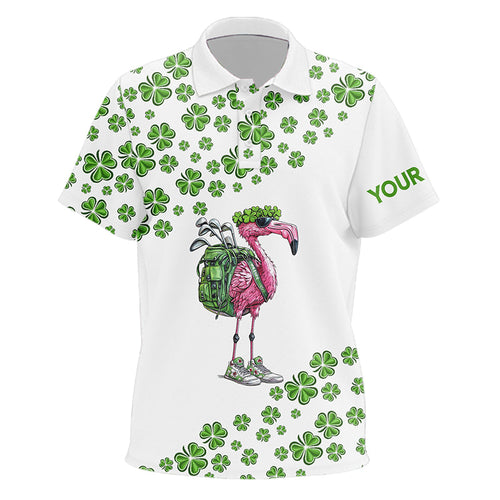 Funny Flamingo Green clover pattern White golf polo shirt for Kid Custom St Patrick Day golf apparel NQS9399