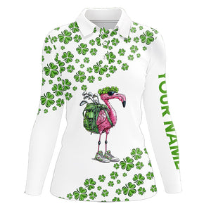 Funny Flamingo Green clover pattern White golf polo shirt for Women Custom St Patrick Day golf apparel NQS9399