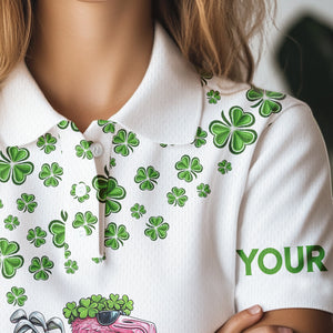 Funny Flamingo Green clover pattern White golf polo shirt for Women Custom St Patrick Day golf apparel NQS9399