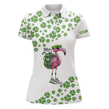 Load image into Gallery viewer, Funny Flamingo Green clover pattern White golf polo shirt for Women Custom St Patrick Day golf apparel NQS9399