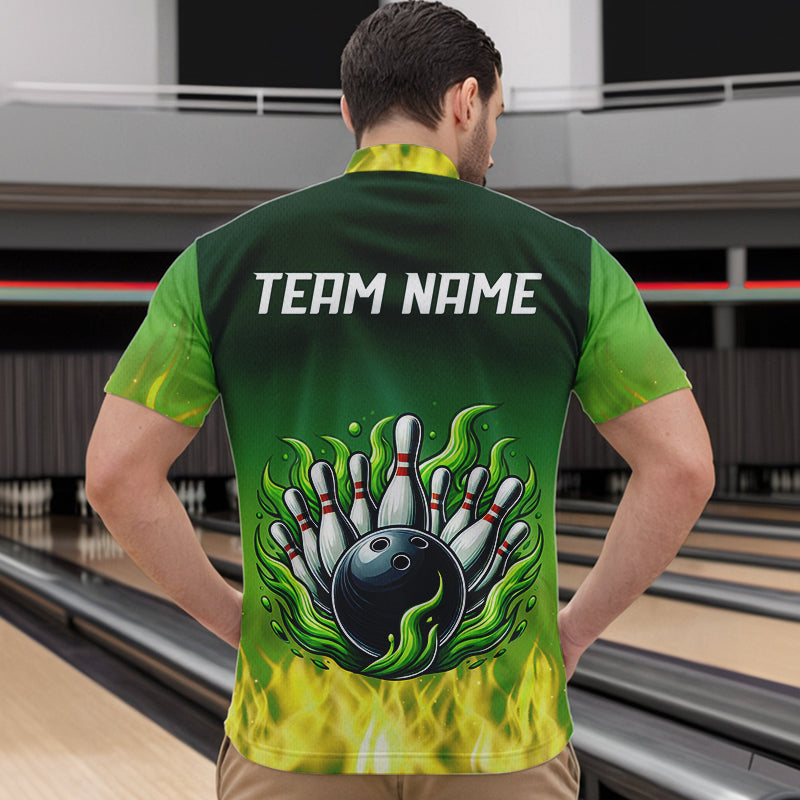 Personalized Yellow Green Flame Bowling Polo, Quarter Zip Shirts For Men Custom Team Bowling Jersey NQS9559