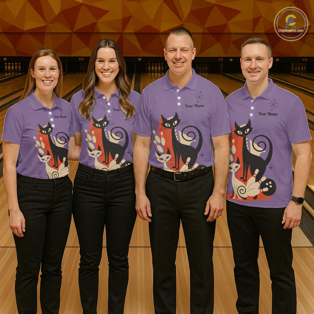 Custom retro bowling shirts Cats Bowling jersey for Women Team Bowling Polo, 1/4 Zip Shirts | Purple NQS11668