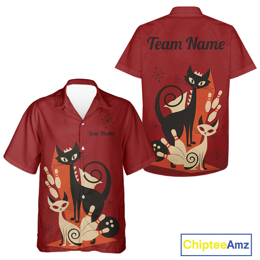 Custom retro bowling Hawaiian shirts Cat Bowling jersey Team Bowling button up Shirt  | Red NQS11669