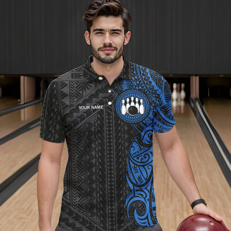 Black and Blue Tribal pattern Mens Bowling Shirts Custom Bowling outfit men Team bowling league jersey NQS9713