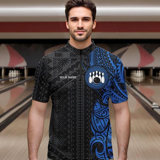 Black and Blue Tribal pattern Mens Bowling Shirts Custom Bowling outfit men Team bowling league jersey NQS9713