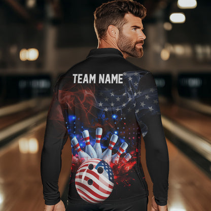 Personalized Smoke American Flag Bowling Team Shirts For Men Custom Patriotic Bowling Gifts For Bowler NQS9717
