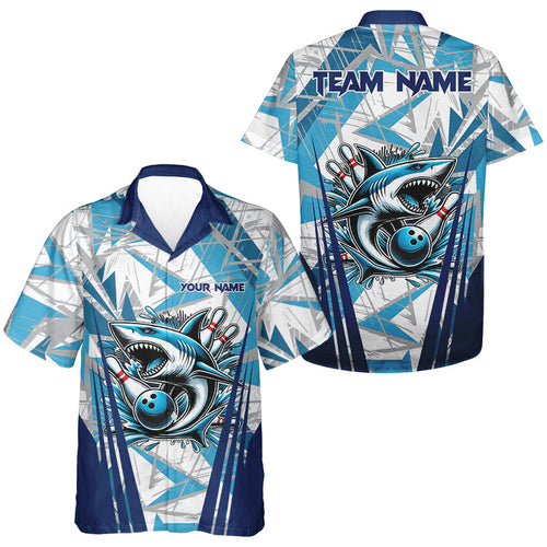 Personalized Blue Camo Shark Bowling Team Hawaiian shirts Custom Shark Bowling button up Shirt NQS9719