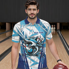Load image into Gallery viewer, Personalized Blue Camo Shark Bowling Team Shirts For Men Custom Shark Bowling Polo, Quarter Zip Shirt NQS9719