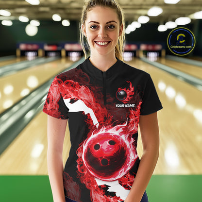 Red Flame Fire Bowling Shirts for Women Custom Bowling Team Jersey Bowling Polo & Quarter-Zip Shirts NQS11751