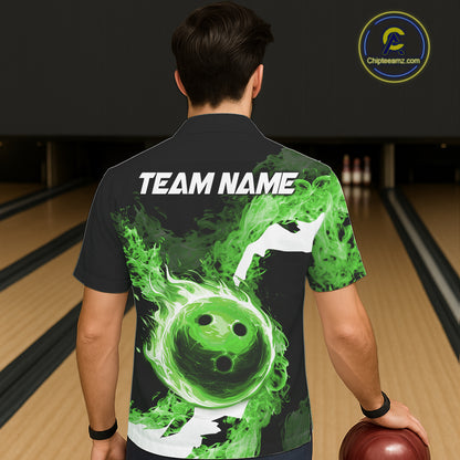 Green Flame Fire Bowling Hawaiian Shirt Custom Bowling Team Jersey Bowling Button-up Shirts NQS11752