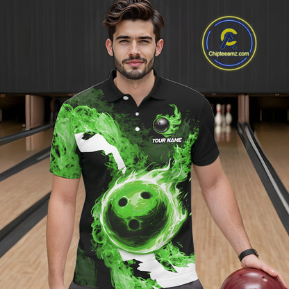 Green Flame Fire Bowling Shirts for Men Custom Bowling Team Jersey Bowling Polo & Quarter-Zip Shirts NQS11752