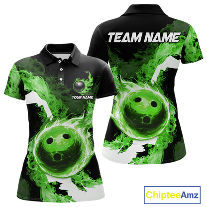 Green Flame Fire Bowling Shirts for Women Custom Bowling Team Jersey Bowling Polo & Quarter-Zip Shirts NQS11752