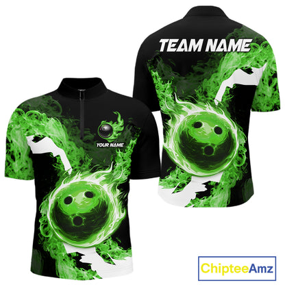 Green Flame Fire Bowling Shirts for Men Custom Bowling Team Jersey Bowling Polo & Quarter-Zip Shirts NQS11752