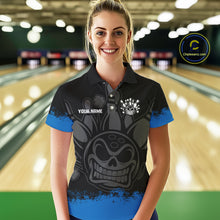 Load image into Gallery viewer, Black and Blue Funny Bowling Polo, Quarter Zip Shirt for Women Custom Bowling Team Jersey NQS9982