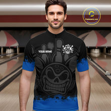 Load image into Gallery viewer, Black and Blue Funny Bowling Polo, Quarter Zip Shirt for Men Custom Bowling Team Jersey NQS9982
