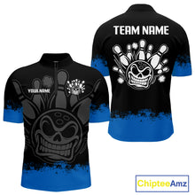 Load image into Gallery viewer, Black and Blue Funny Bowling Polo, Quarter Zip Shirt for Men Custom Bowling Team Jersey NQS9982