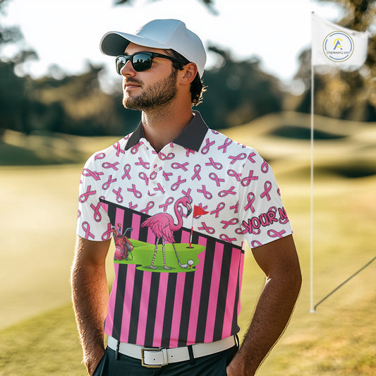 Pink ribbon pattern flamingo Men golf polo shirts Custom breast cancer awareness golf outfit for men NQS10149