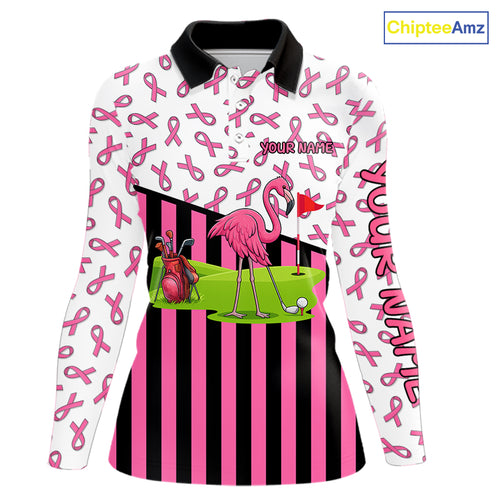 Pink ribbon pattern flamingo Women golf polo shirts Custom breast cancer awareness ladies golf outfit NQS10149