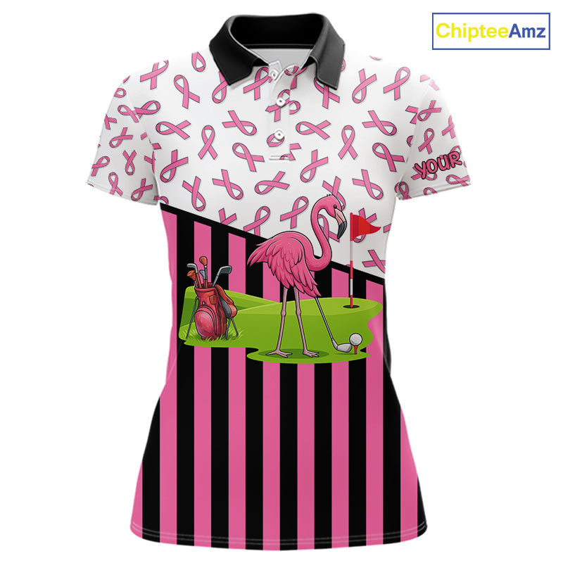 Pink ribbon pattern flamingo Women golf polo shirts Custom breast cancer awareness ladies golf outfit NQS10149