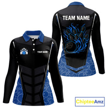 Load image into Gallery viewer, Black and Blue Camo Flame Women Bowling Polo, quarter zip shirts Custom team bowling league jersey NQS10150