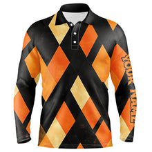 Load image into Gallery viewer, Black and orange argyle pattern Men golf polo shirts custom Halloween golf shirts for men NQS8290