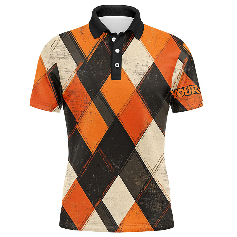 Orange argyle pattern Men golf polo shirts custom Halloween golf shirts for men NQS8291