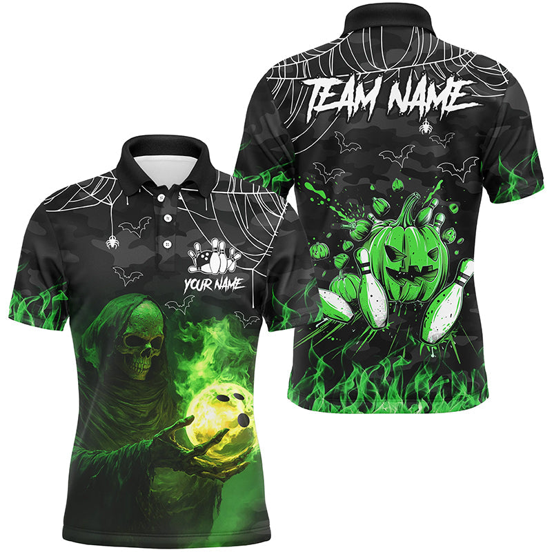 Black Bowling Camo Green flame Skull Custom Halloween Bowling Shirts For Men, Bowling Team Jerseys NQS8500