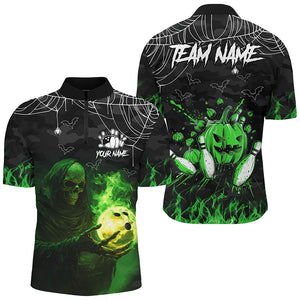 Black Bowling Camo Green flame Skull Custom Halloween Bowling Shirts For Men, Bowling Team Jerseys NQS8500