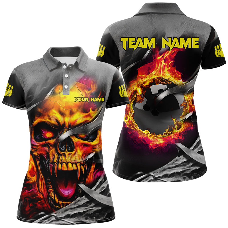 Flame Skull Bowling Shirts For Women Custom Halloween Bowling Team Jerseys, bowling gift for her NQS8503