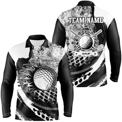 Black and White grunge Flame golf ball custom name Mens golf polo shirts, golf outfit for men NQS8506