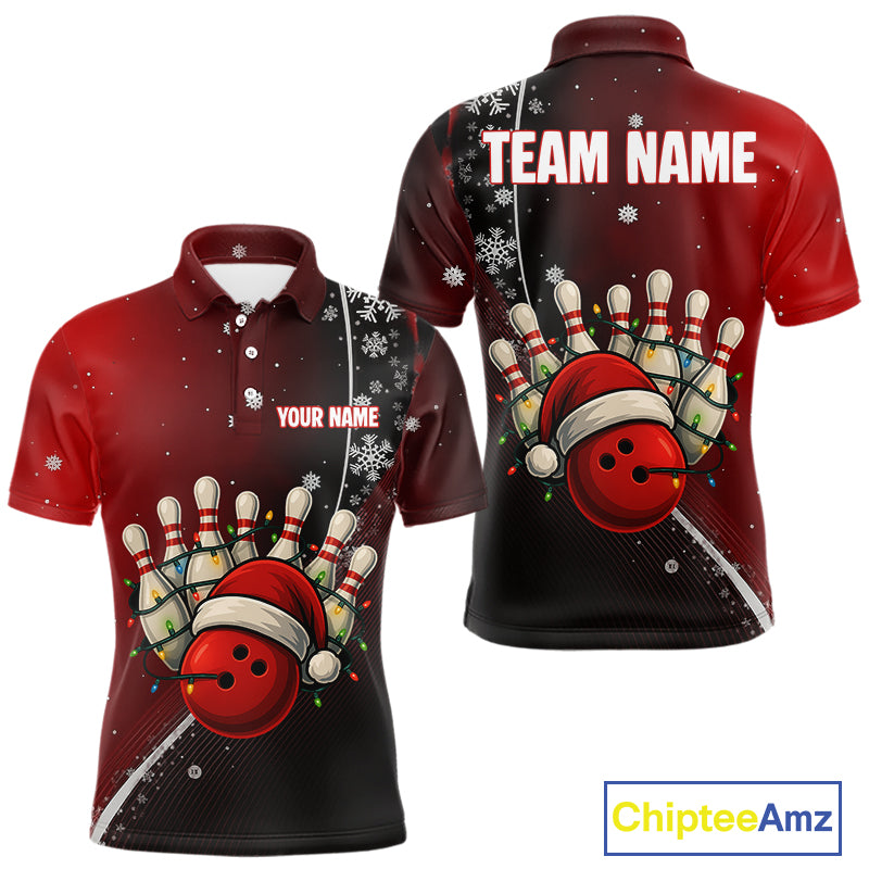 Custom Funny Christmas Bowling Shirts For Men, Black and Red Gradient Xmas Bowling Outfit Bowler Gift NQS10692