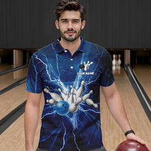Load image into Gallery viewer, Mens polo bowling shirts Custom blue lightning thunder Bowling Team Jersey, gift for team Bowlers NQS6638
