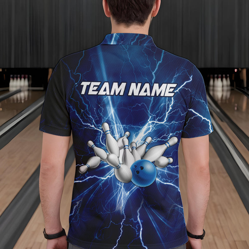 Mens polo bowling shirts Custom blue lightning thunder Bowling Team Jersey, gift for team Bowlers NQS6638