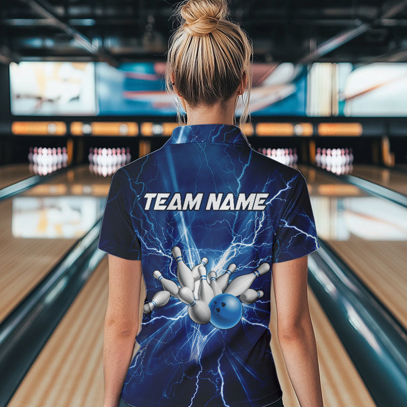 Women bowling polo shirts Custom blue lightning thunder Bowling Team Jersey, gift for team Bowlers NQS6638