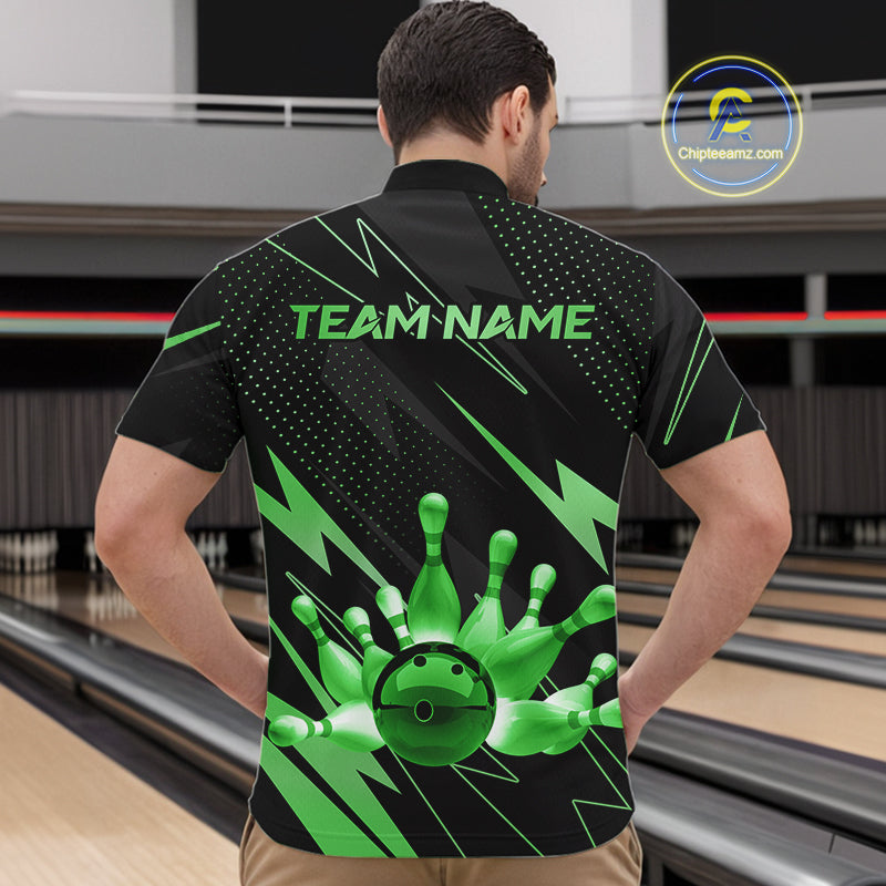 Custom Black and Green Bowling Polo, Quarter Zip Shirts for Men, Team Bowling League Jersey NQS10893