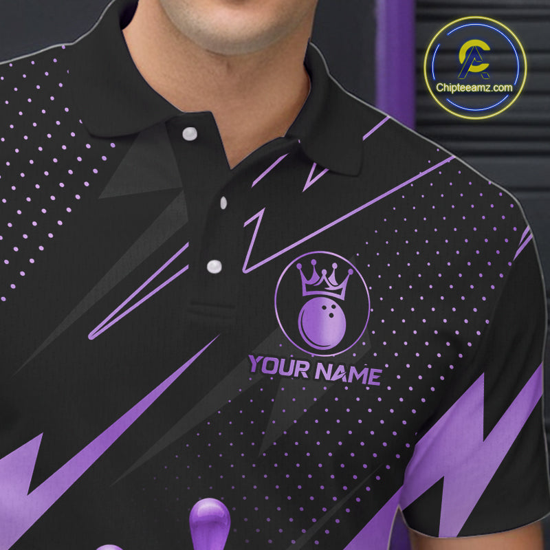 Custom Black and Purple Bowling Polo, Quarter Zip Shirts for Men, Team Bowling League Jersey NQS10894