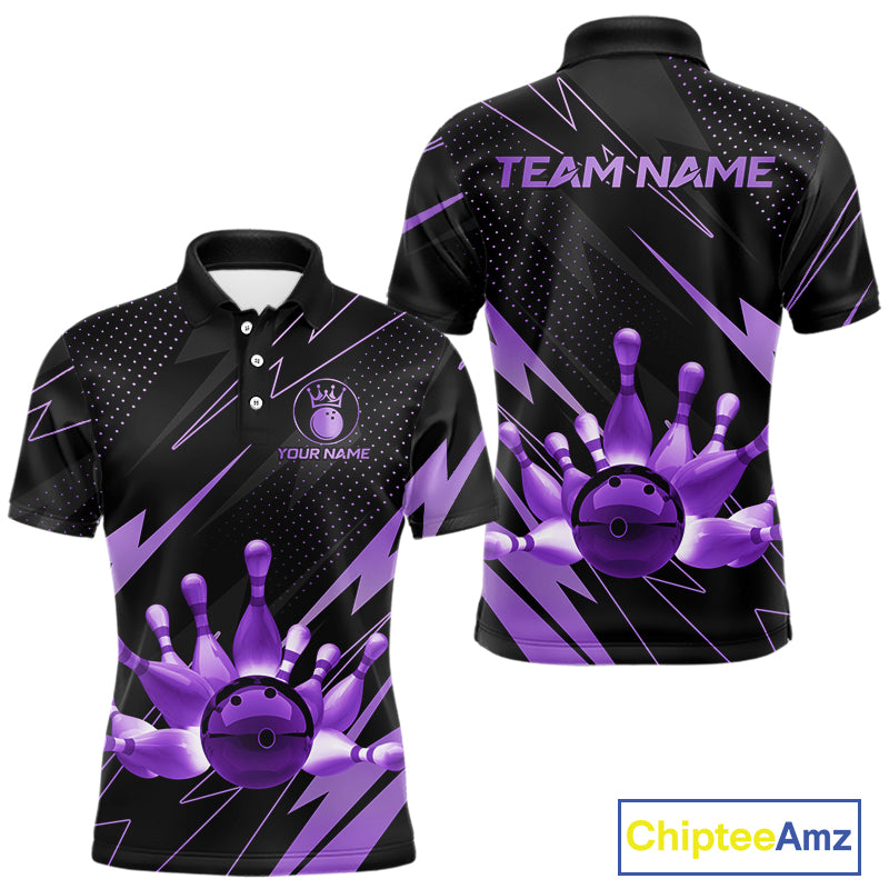 Custom Black and Purple Bowling Polo, Quarter Zip Shirts for Men, Team Bowling League Jersey NQS10894