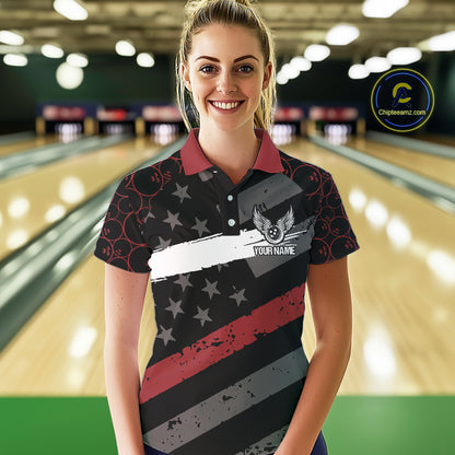 Black American flag Women bowling shirts Custom bowling camo Team Jerseys, gift for Bowlers | Red NQS10895