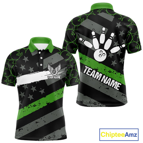 Black American flag Men bowling shirts Custom bowling camo Team Jerseys, gift for Bowlers | Green NQS10896