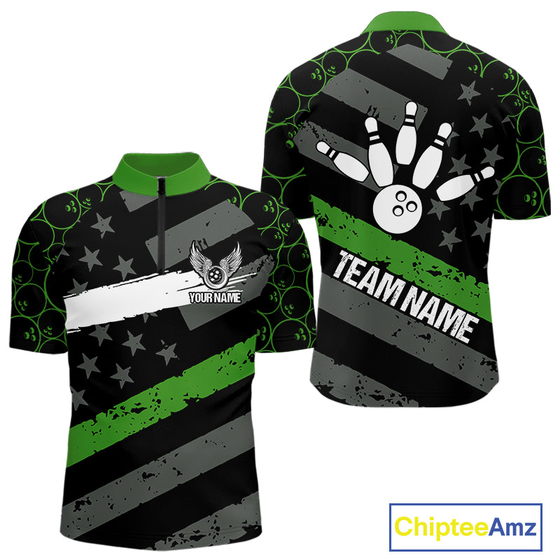 Black American flag Men bowling shirts Custom bowling camo Team Jerseys, gift for Bowlers | Green NQS10896