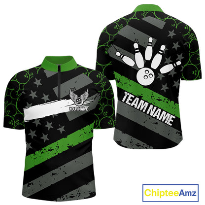 Black American flag Men bowling shirts Custom bowling camo Team Jerseys, gift for Bowlers | Green NQS10896