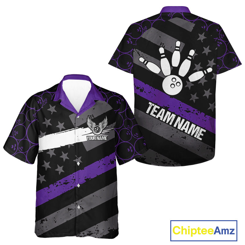Black American flag Bowling Hawaiian shirt Custom bowling camo Team Jerseys, gift for Bowler | Purple NQS10897