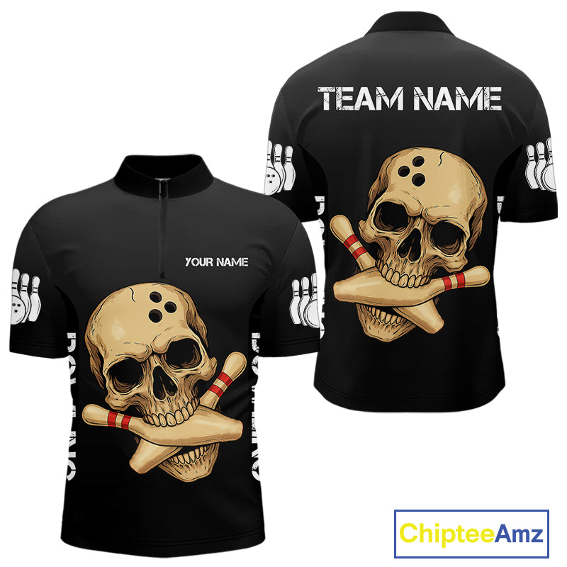 Personalized Skull Bowling Shirts For Men Custom Team's Name Skull Bowler Jerseys | Black NQS11081