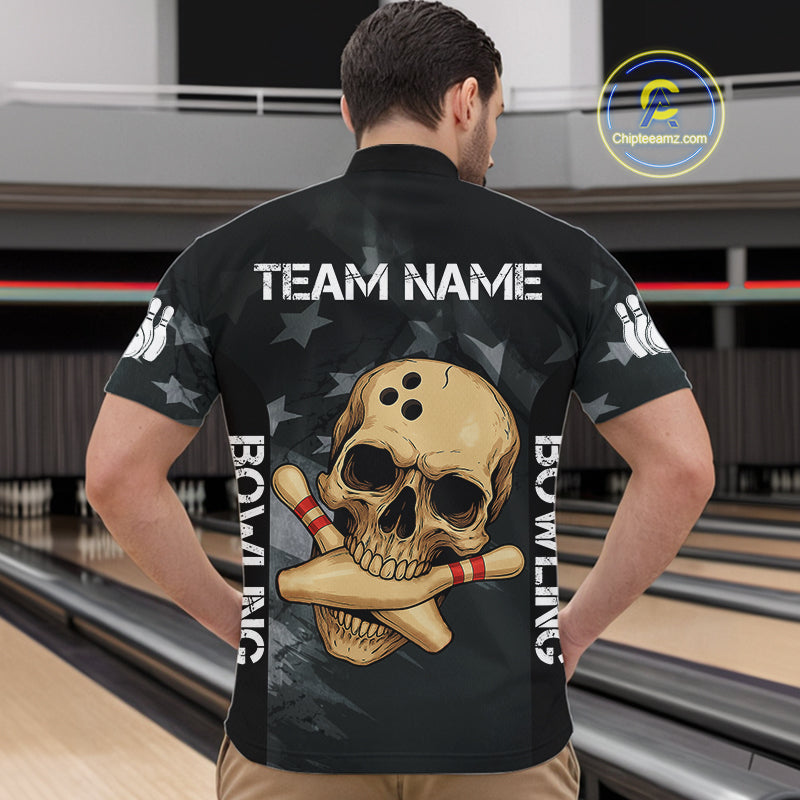Personalized Black American Flag Skull Bowling Shirts For Men Custom Team's Name Skull Bowler Jerseys NQS11082